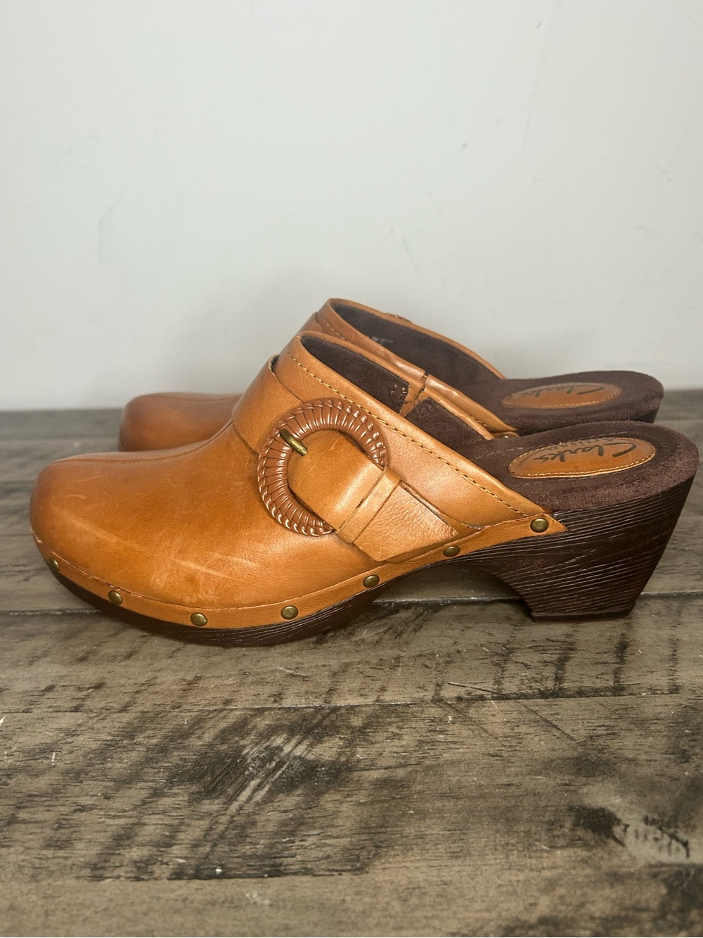 Clarks Tan Leather Buckle Clogs